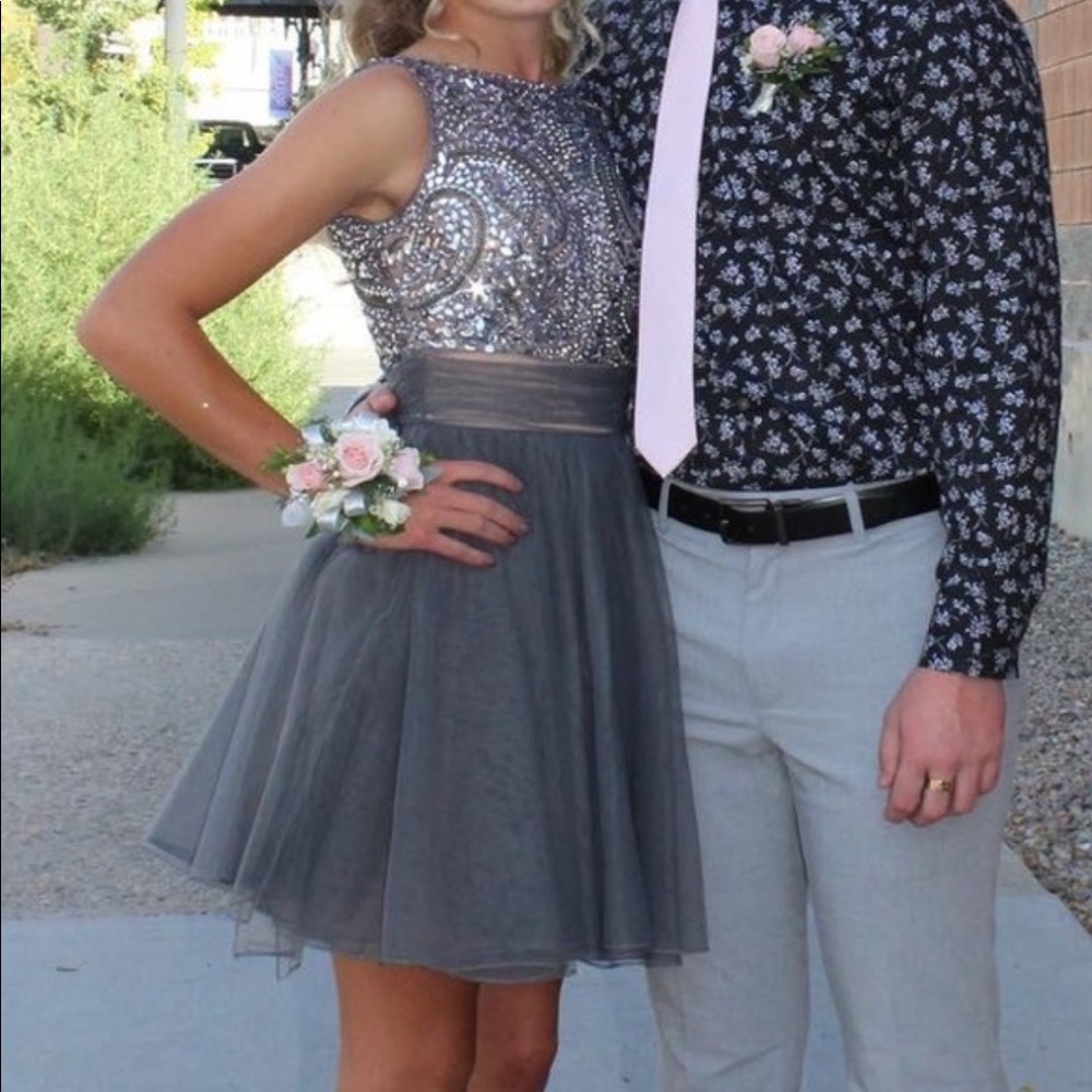 Sherri Hill Silver Beaded Tulle Prom Dress